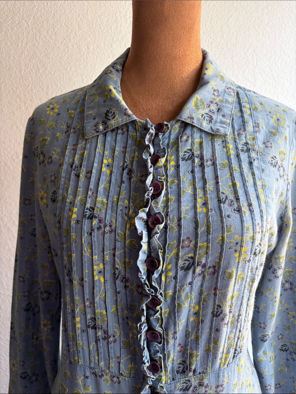 Vintage Free People Dress Sz 6 Blue Floral Button Down Ruffled, Pin-Tuck Fall - Picture 3 of 12